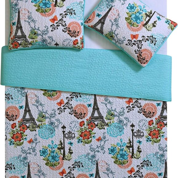 New Eiffel Tower Aqua Blue Reversible Quilt Set • 3 PC • DQ (DoubleQueen) Size - Picture 2 of 5